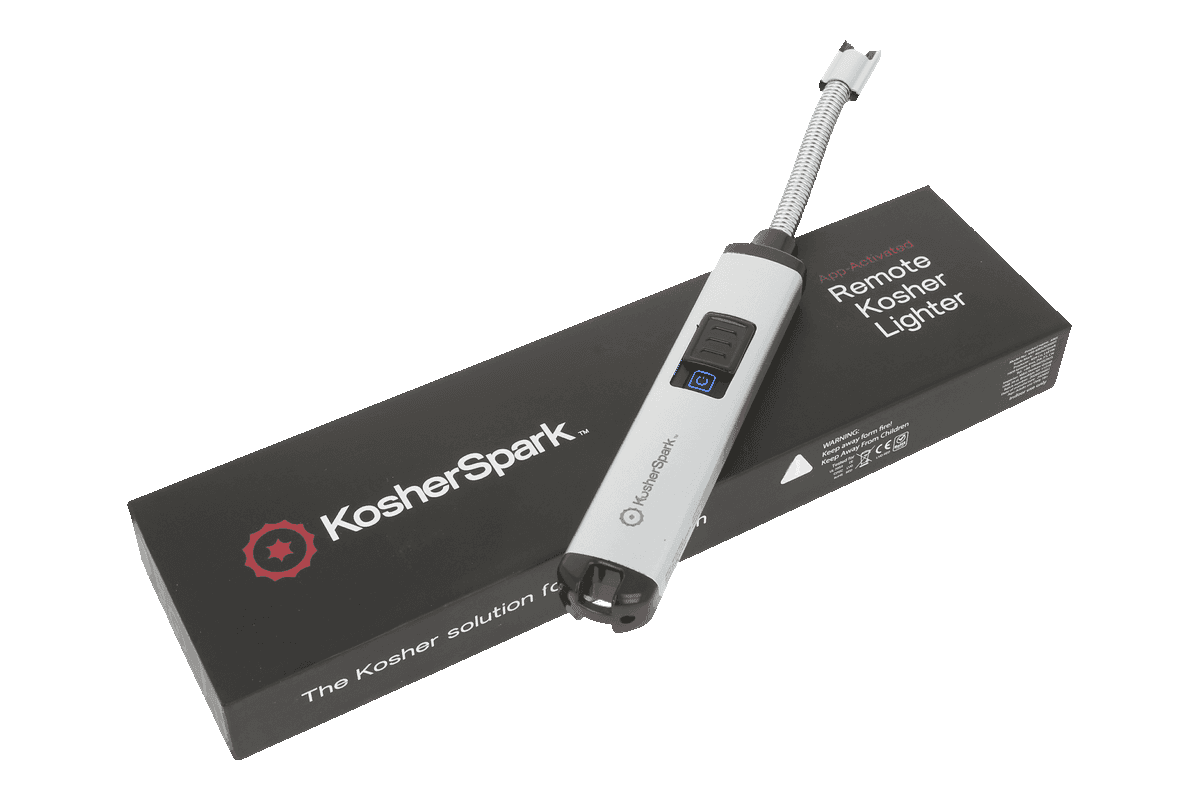 The KosherSpark remote lighter resting on its box