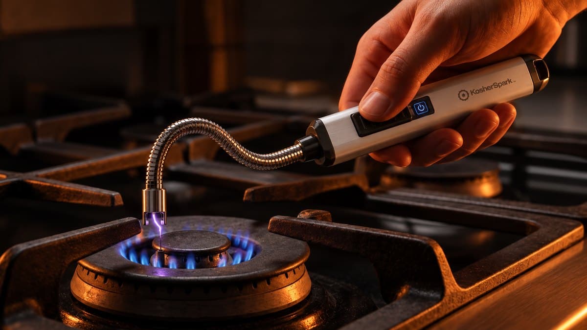 A hand holding the KosherSpark lighter as its flexible neck lights a gas burner